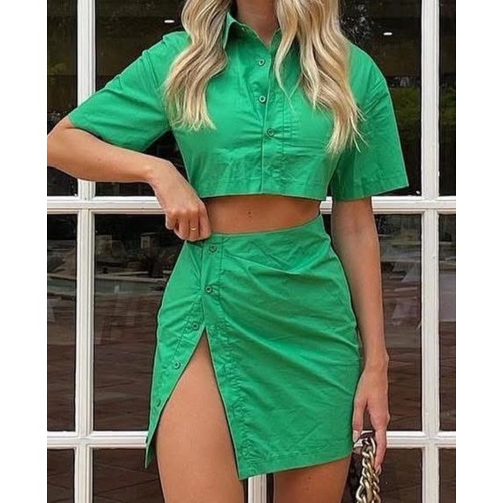 White Fox NWT Love Triangle Mini Green Cutout Dress Shirt Skirt One Piece Set XS